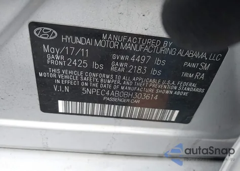 2011 Hyundai Sonata Limited 2.0T из США, поврежденный, VIN 5NPEC4AB0BH303614